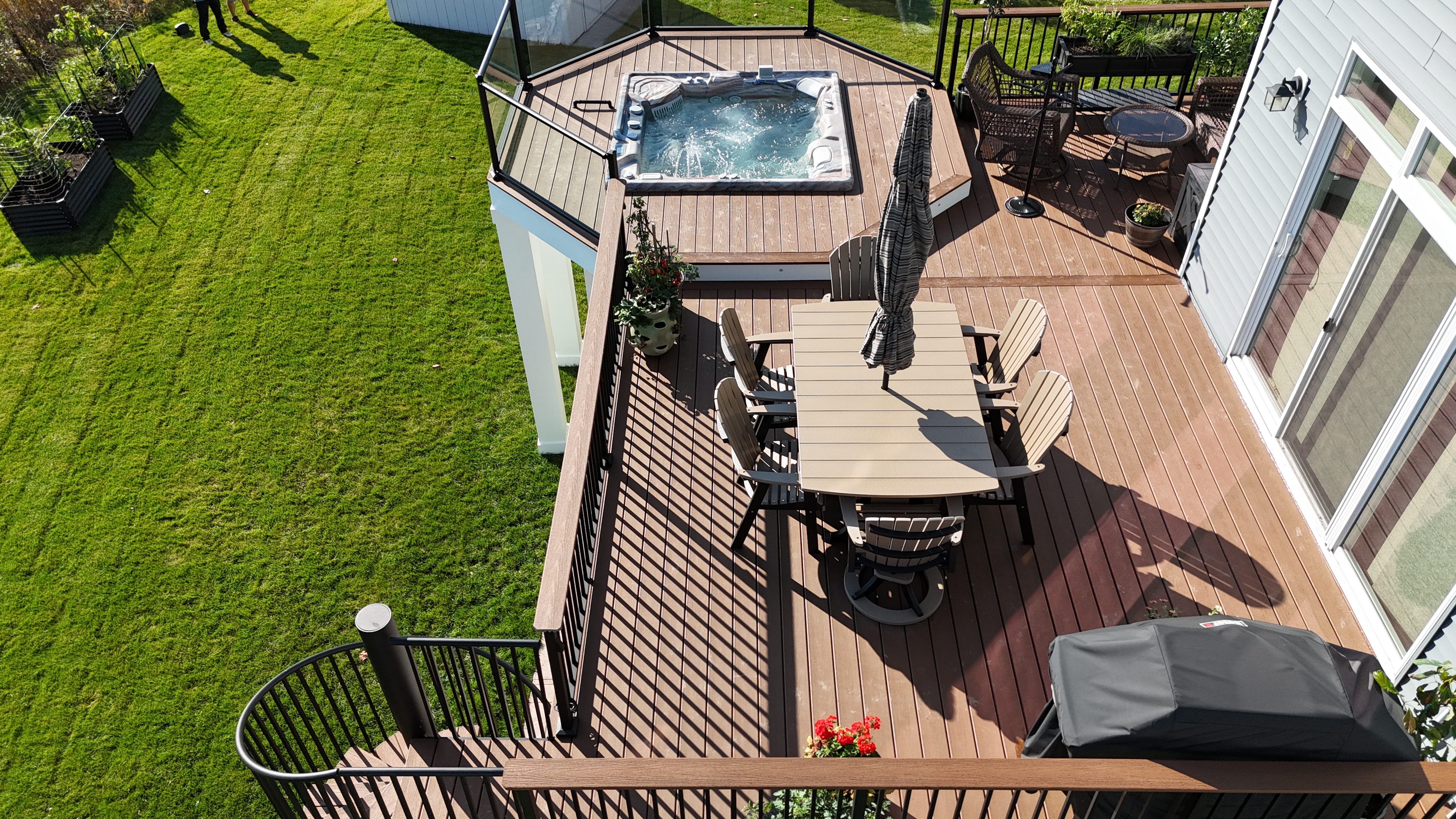 Elevated Deck with Hot Tub – Top View - Custom deck built by Dream Decks in Twin Cities, Minnesota